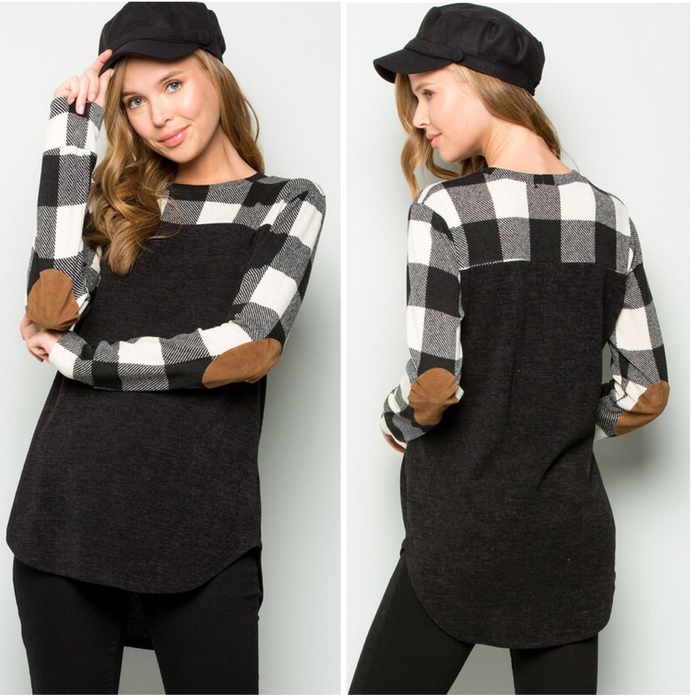 Black Buffalo Plaid Elbow Patch Tunic Sweater - Picture 2 of 3